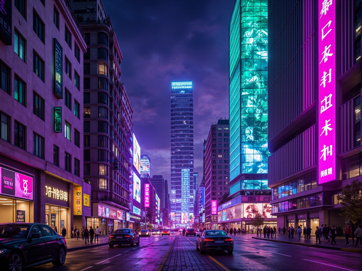 Prompt: Neon-lit cityscape, futuristic skyscrapers, iridescent glass facades, holographic advertisements, vibrant purple and green hues, metallic silver accents, glowing blue lines, sleek aerodynamic shapes, retro-futuristic nostalgia, cyberpunk influences, high-tech gadgetry, virtual reality interfaces, neon-drenched alleys, 3D projection mapping, cinematic lighting, shallow depth of field, 1/1 composition, futuristic typography, abstract geometric patterns.