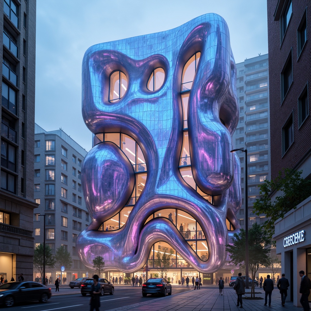 Prompt: Organic blob-shaped buildings, futuristic facade design, iridescent colors, glossy finishes, undulating curves, parametric architecture, algorithmic patterns, LED lighting installations, neon accents, translucent materials, 3D-printed components, cantilevered structures, asymmetrical compositions, abstract shapes, sci-fi ambiance, misty atmosphere, soft focus, shallow depth of field, 1/1 composition, cinematic view.