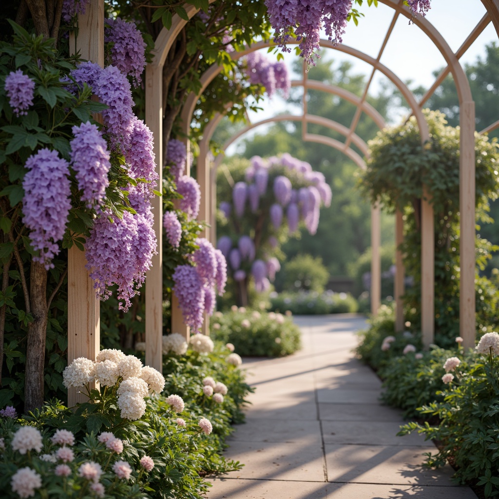 Prompt: Pastel purple flowers, delicate tendrils, soft lavender hues, gentle peach tones, creamy whites, warm beige accents, lush green foliage, whimsical garden scenes, romantic arbors, ornate ironwork, vintage distressed wood, natural stone pathways, dreamy afternoon light, shallow depth of field, 1/1 composition, intimate close-ups, realistic textures, ambient occlusion.