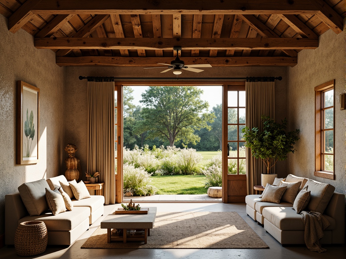 Prompt: Rustic barn, reclaimed wood accents, vintage farm tools, natural stone walls, earthy color palette, exposed wooden beams, large windows, sliding glass doors, lush greenery, wildflowers, sunny day, soft warm lighting, shallow depth of field, 3/4 composition, panoramic view, realistic textures, ambient occlusion, open floor plan, minimal ornamentation, distressed metal decor, woven textiles, natural fabrics, cozy nooks, plush furnishings, rustic-chic atmosphere.