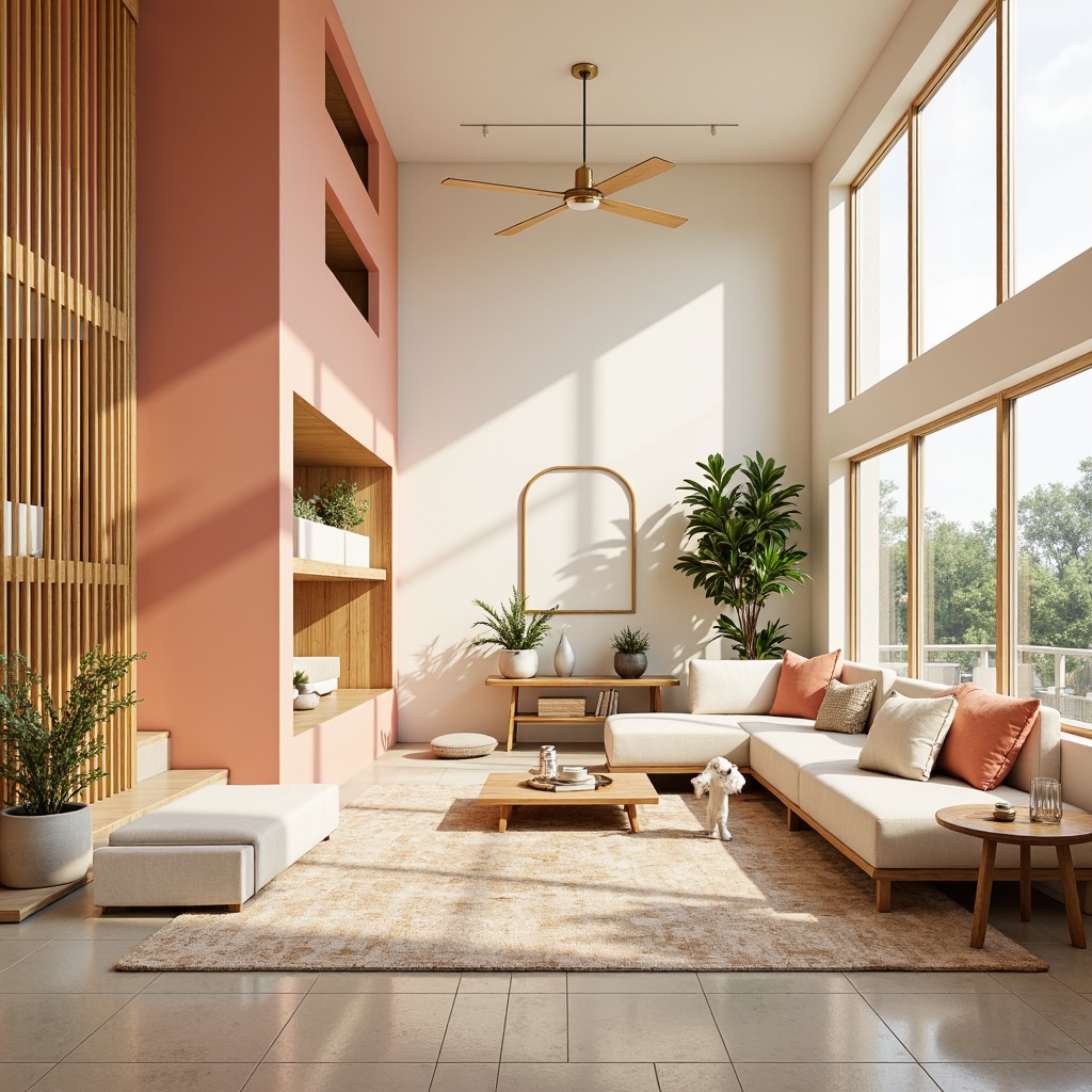 Prompt: Vibrant modern interior, pastel color scheme, soft peach tones, creamy whites, rich wood accents, metallic gold fixtures, natural textiles, plush area rugs, floor-to-ceiling windows, abundant sunlight, warm cozy ambiance, 1/1 composition, shallow depth of field, realistic renderings, ambient occlusion.