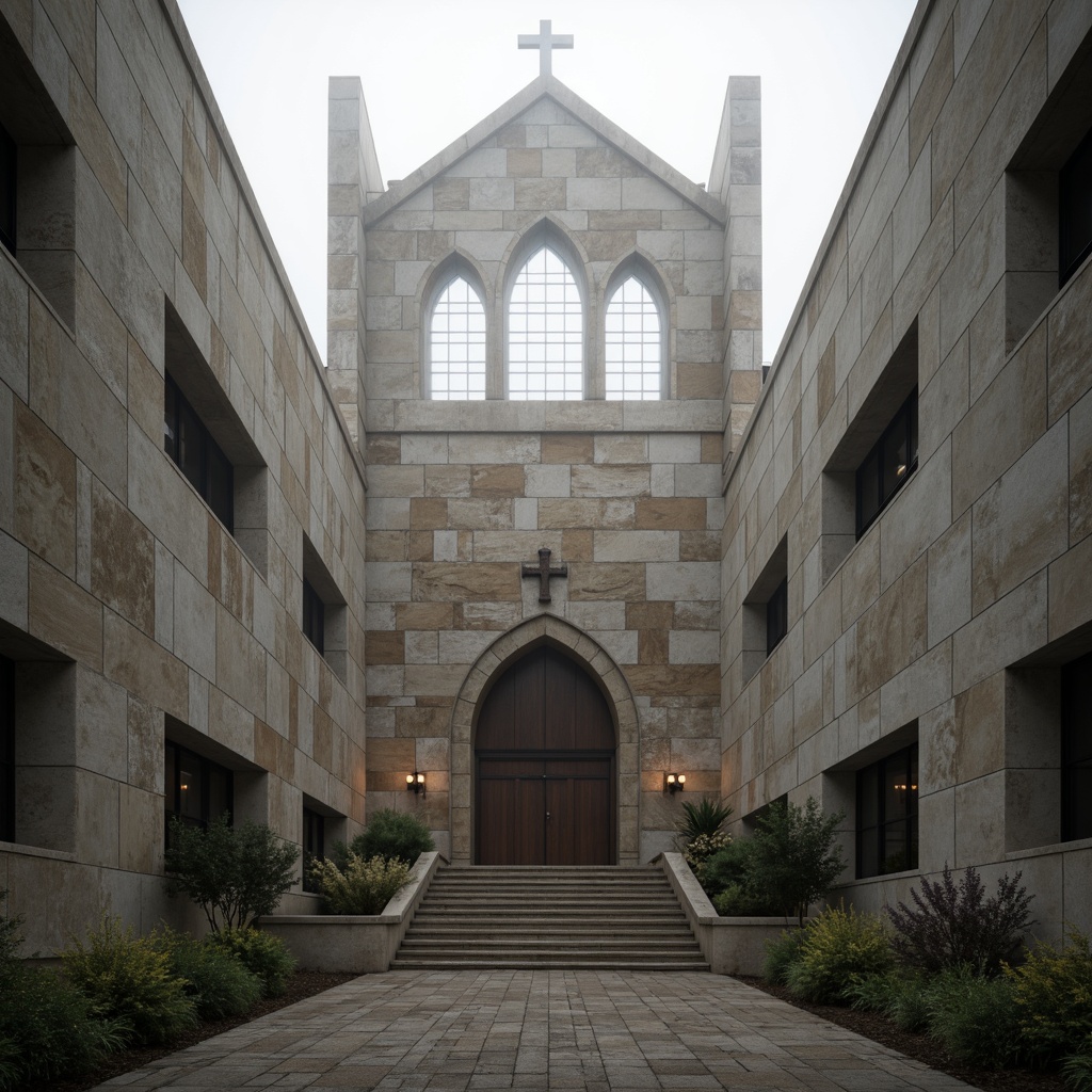 Prompt: Rugged brutalist church, raw concrete walls, bold geometric shapes, dramatic natural light, muted earthy tones, weathered stone fa\u00e7ade, industrial metal accents, minimalist ornamentation, stark simplicity, atmospheric foggy day, soft diffused lighting, high contrast ratio, 1/1 composition, symmetrical framing, realistic textures, ambient occlusion.