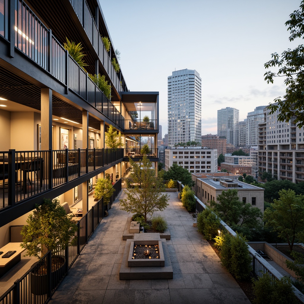 Prompt: Eco-friendly dormitory, polycarbonate walls, translucent roofing, natural ventilation, energy-efficient lighting, minimalist decor, recycled furniture, greenery-filled balconies, urban cityscape views, modern architecture, sleek lines, industrial chic aesthetic, soft warm glow, shallow depth of field, 1/1 composition, realistic textures, ambient occlusion.