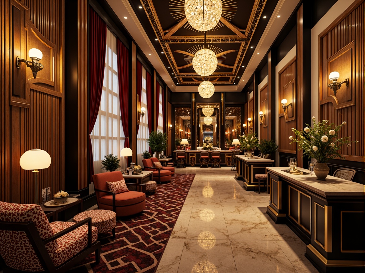 Prompt: Luxurious art deco interior, ornate geometric shapes, metallic accents, bold chevron patterns, zigzag motifs, sunburst designs, stylized florals, opulent materials, velvet drapes, marble floors, crystal chandeliers, lavish furnishings, rich jewel tones, warm golden lighting, high-contrast shadows, dramatic perspective, 1/2 composition, cinematic atmosphere, intricate textures, subtle reflections.