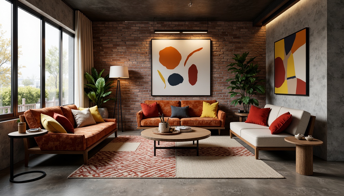 Prompt: Mid-century modern living room, plush velvet sofas, geometric patterned rugs, abstract artwork, minimalist coffee tables, sleek metal legs, rich wood accents, natural fiber upholstery, bold colorful throw pillows, luxurious silk drapes, industrial chic lighting fixtures, exposed brick walls, polished concrete floors, urban loft atmosphere, warm softbox lighting, shallow depth of field, 1/1 composition, realistic textures, ambient occlusion.