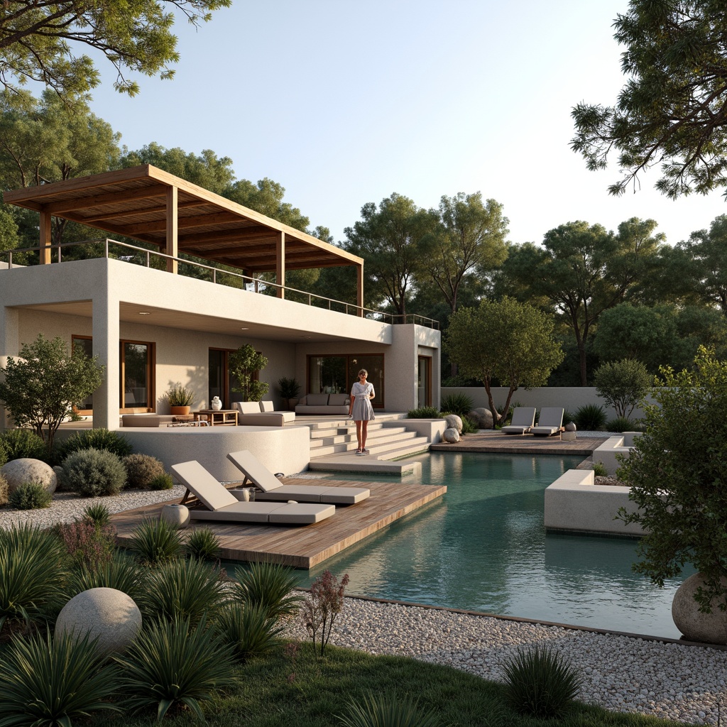 Prompt: Lush greenery, curved lines, minimalist villa, modernist architecture, sleek stone walls, large windows, sliding glass doors, infinity pool, sunken seating area, outdoor fireplace, ambient lighting, warm beige tones, natural textures, Mediterranean plants, olive trees, succulents, gravel pathways, wooden decks, cantilevered roofs, panoramic views, shallow depth of field, 3/4 composition, realistic rendering.