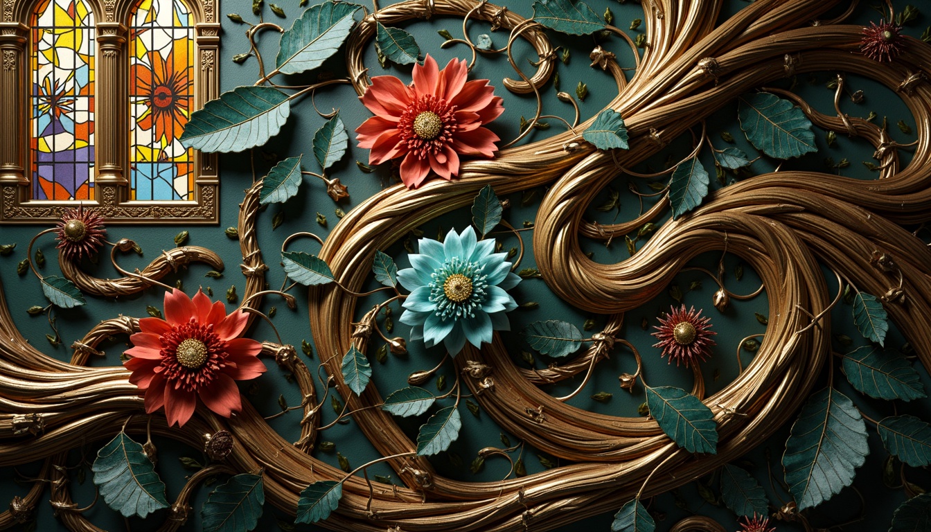 Prompt: Intricate floral patterns, sinuous lines, organic forms, luxurious materials, ornate metalwork, stained glass windows, flowing curves, botanical motifs, peacock-inspired colors, iridescent sheen, beveled edges, gilded accents, velvet textures, soft warm lighting, shallow depth of field, 1/2 composition, intimate close-up view, realistic renderings, ambient occlusion.