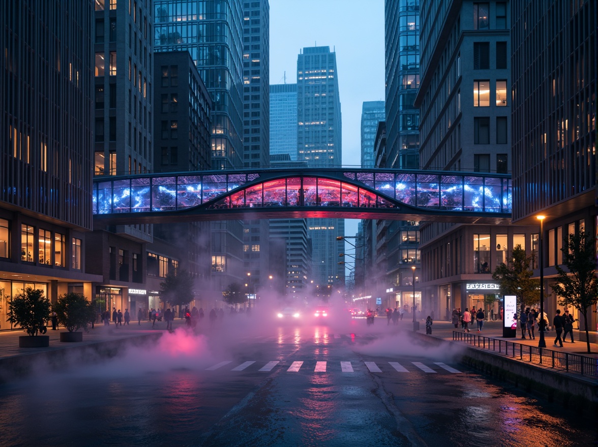 Prompt: Futuristic bridge design, sleek metal structures, LED lighting systems, neon accents, dynamic color changing effects, misty atmospheric fog, urban cityscape, modern skyscrapers, bustling traffic flow, vibrant nightlife ambiance, 3/4 composition, low-angle shot, dramatic shadows, high-contrast lighting, realistic reflections, ambient occlusion.