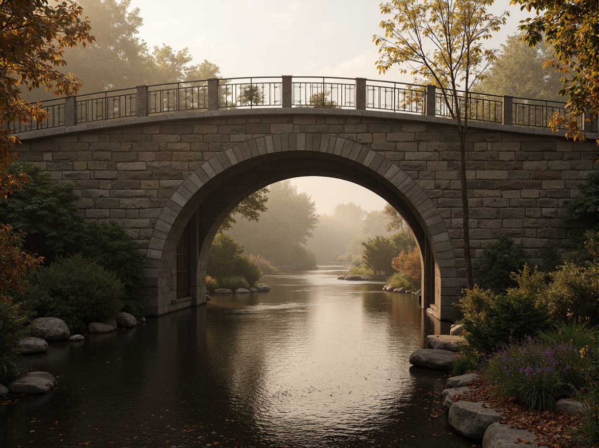 Prompt: Timeless bridge architecture, rustic stone walls, ornate metal railings, weathered wooden accents, earthy brown tones, muted greenery, soft misty atmosphere, warm golden lighting, subtle gradient effects, realistic textures, ambient occlusion, 1/1 composition, symmetrical framing, serene water reflections, gentle river flow, lush vegetation, natural stone piers, classic ornamental details, elegant arches, refined lines, sophisticated simplicity.