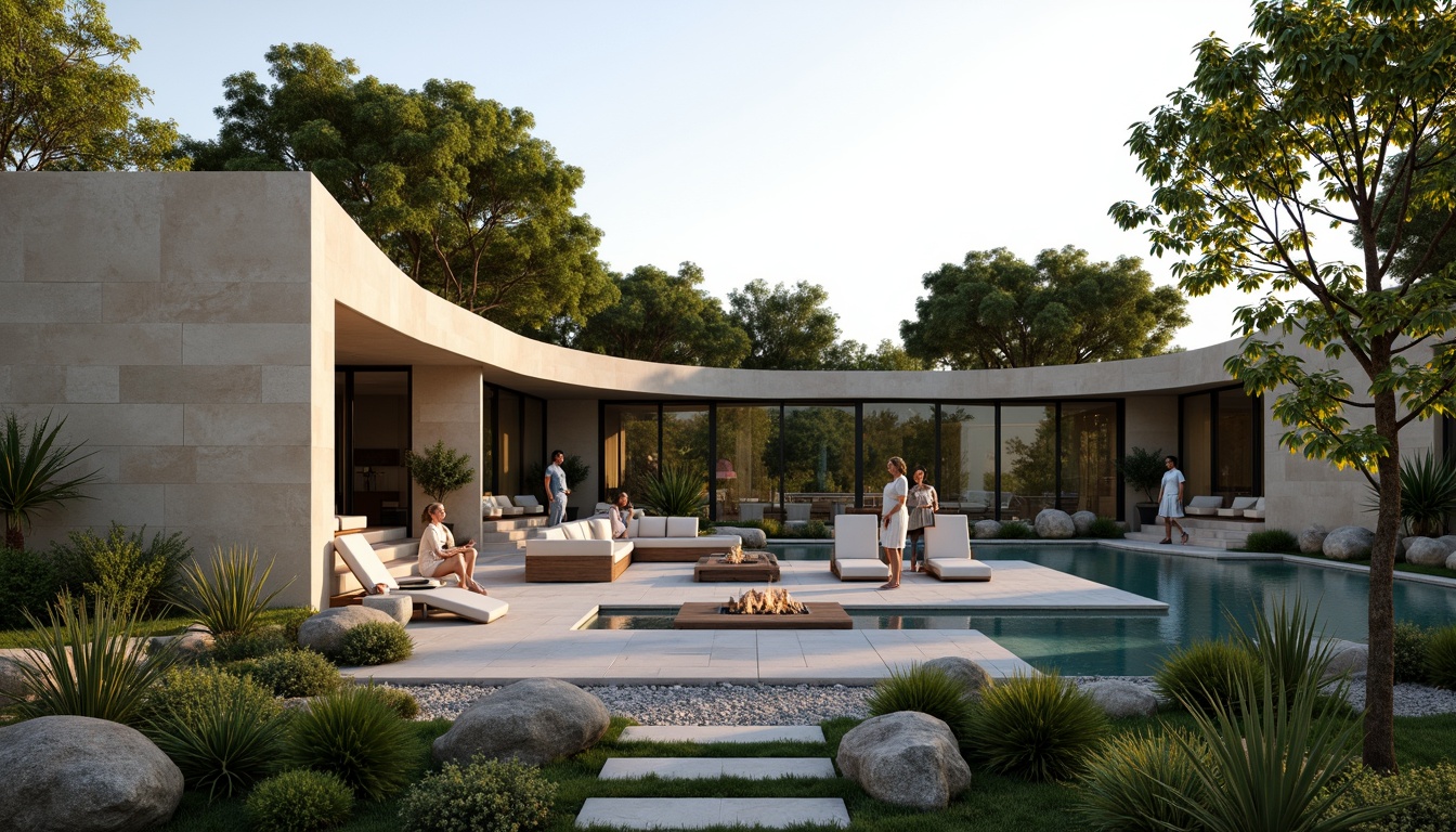 Prompt: Lush greenery, curved lines, minimalist villa, modernist architecture, sleek stone walls, large windows, sliding glass doors, infinity pool, sunken seating area, outdoor fireplace, ambient lighting, warm beige tones, natural textures, Mediterranean plants, olive trees, succulents, gravel pathways, wooden decks, cantilevered roofs, panoramic views, shallow depth of field, 3/4 composition, realistic rendering.