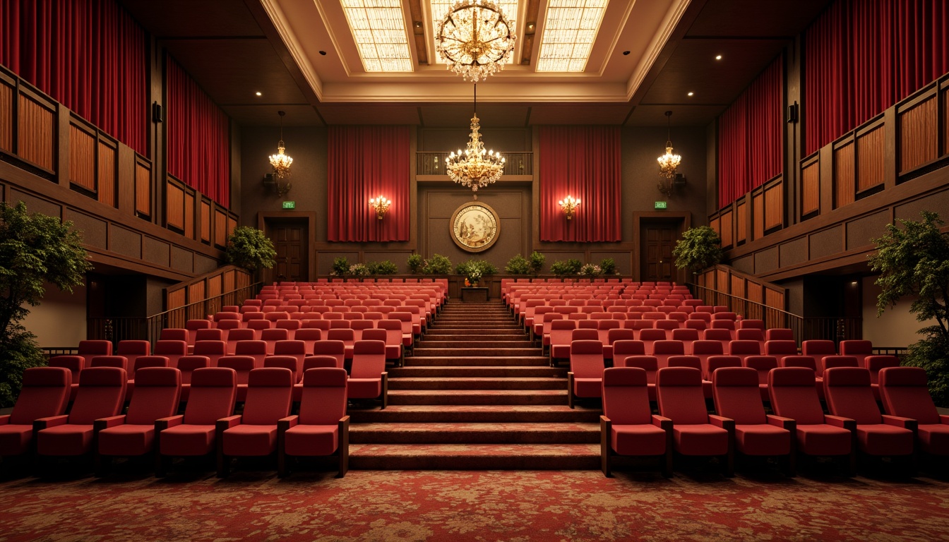 Prompt: Luxurious auditorium interior, rich velvet curtains, warm golden lighting, dark wood accents, plush red seats, ornate metal details, grand chandeliers, sophisticated sound systems, acoustic panels, dramatic spotlights, soft carpeting, elegant staircases, refined architectural lines, subtle texture contrasts, atmospheric ambiance, 1/2 composition, cinematic lighting, realistic reflections.