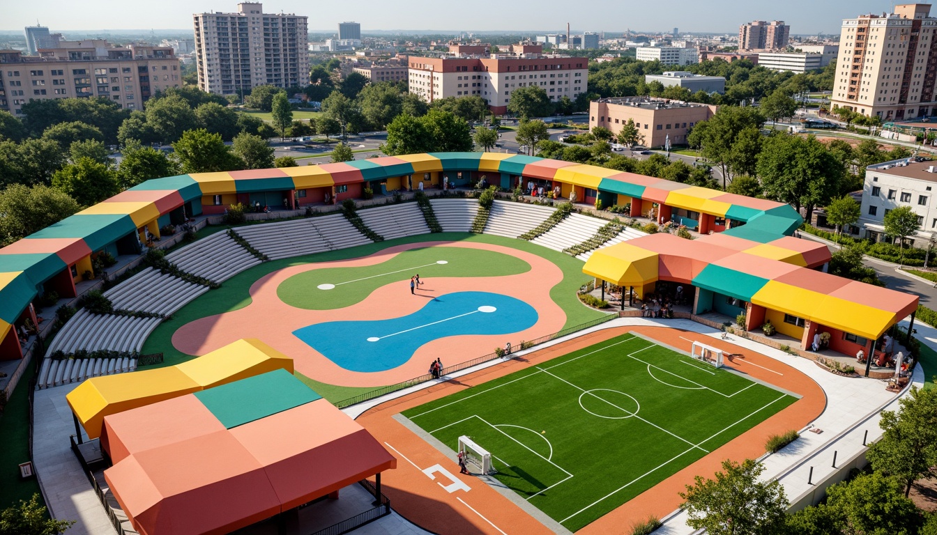 Prompt: Vibrant sports fields, eclectic mix of materials, bold color blocking, dynamic shapes, abstract patterns, modernist architecture, functional zones, athletic tracks, soccer fields, basketball courts, tennis courts, goalposts, nets, scoreboards, spectator seating, shaded areas, natural grass, artificial turf, urban landscape, cityscape views, sunny day, dramatic lighting, high contrast, 1/2 composition, shallow depth of field, realistic textures, ambient occlusion.