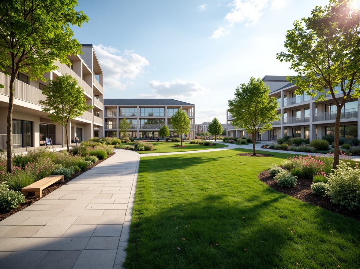 Prompt: Serene suburban landscape, lush green lawns, vibrant flowering shrubs, meandering walkways, modern laboratory buildings, sleek glass facades, minimalist landscaping, native plant species, natural stone accents, wooden benches, educational signage, sunny day, soft warm lighting, shallow depth of field, 3/4 composition, panoramic view, realistic textures, ambient occlusion.