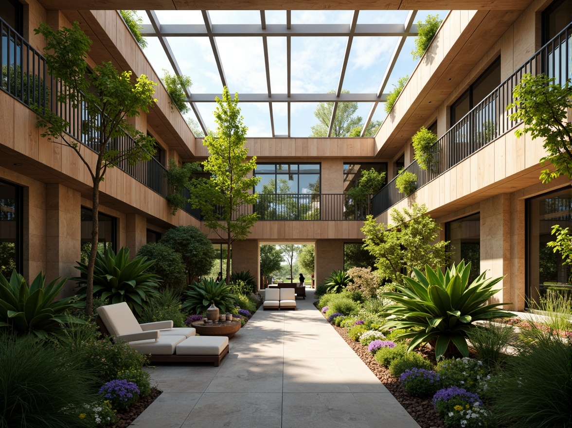 Prompt: Vibrant atrium, lush greenery, natural stone walls, wooden accents, clerestory windows, skylights, solar tubes, reflective surfaces, minimalist decor, open floor plans, airy spaces, soft warm lighting, gentle shadows, 1/1 composition, shallow depth of field, realistic textures, ambient occlusion, morning light, afternoon sunbeams, evening twilight, subtle color palette.