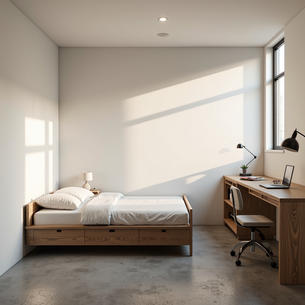 Prompt: Simple dorm room, minimal decor, monochromatic color scheme, sleek wooden furniture, low-profile bed frame, compact desk, ergonomic chair, geometric-shaped nightstand, industrial-style lighting fixtures, concrete floor, plain white walls, subtle textures, soft warm glow, shallow depth of field, 1/1 composition, realistic rendering, ambient occlusion.