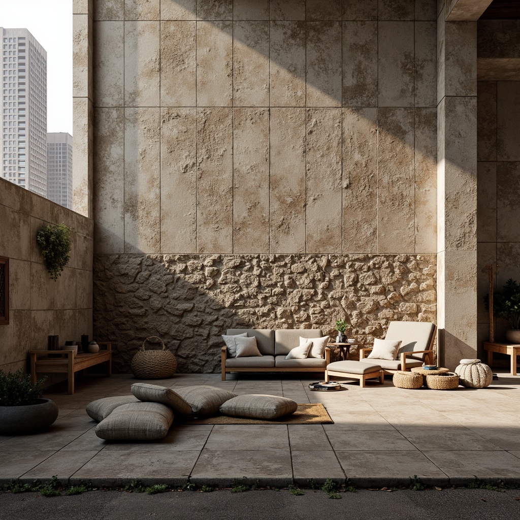 Prompt: Lavacrete architectural material, rough stone texture, earthy tone, natural pattern, rustic aesthetic, modern brutalist design, industrial chic atmosphere, urban landscape, cityscape background, dramatic lighting, high contrast shadows, 1/1 composition, realistic rendering, ambient occlusion.