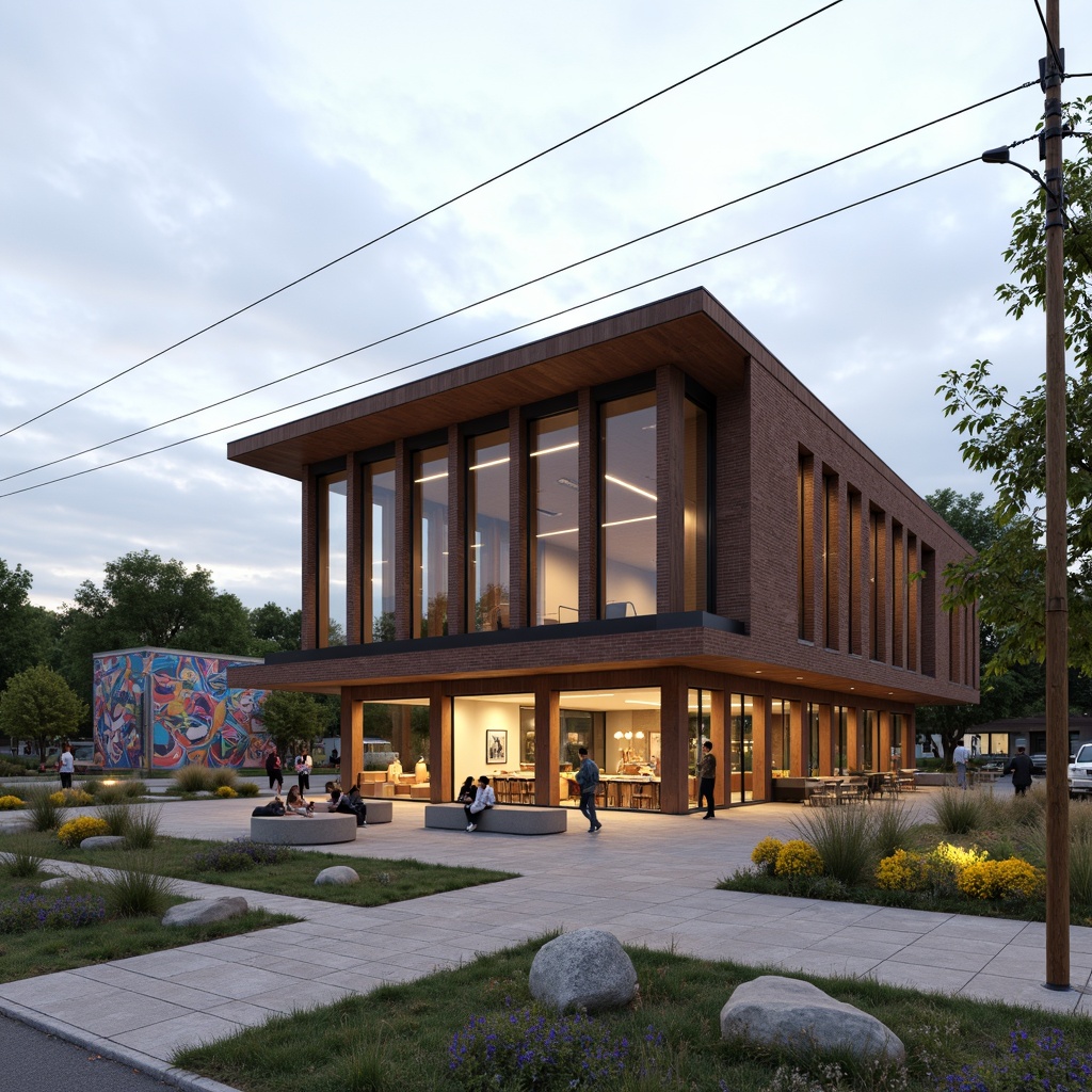 Prompt: Rustic community center, Bauhaus-inspired facade, rectangular forms, clean lines, industrial materials, exposed brick walls, steel beams, large windows, minimalist decor, functional simplicity, earthy color palette, natural textures, communal outdoor spaces, vibrant street art, urban landscape, cloudy sky, soft diffused lighting, 1/1 composition, realistic renderings, ambient occlusion.