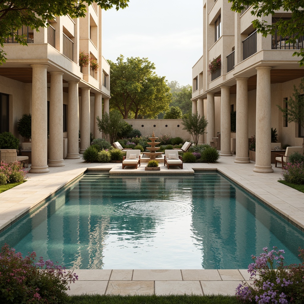 Prompt: Elegant poolside, soft cream marble, warm beige stone, ornate fountain, classical columns, symmetrical architecture, lush greenery, vibrant flowers, subtle water features, gentle ripples, serene atmosphere, natural light, warm golden lighting, shallow depth of field, 1/1 composition, realistic textures, ambient occlusion, calming color palette, soft blues, creamy whites, muted golds, earthy tones.