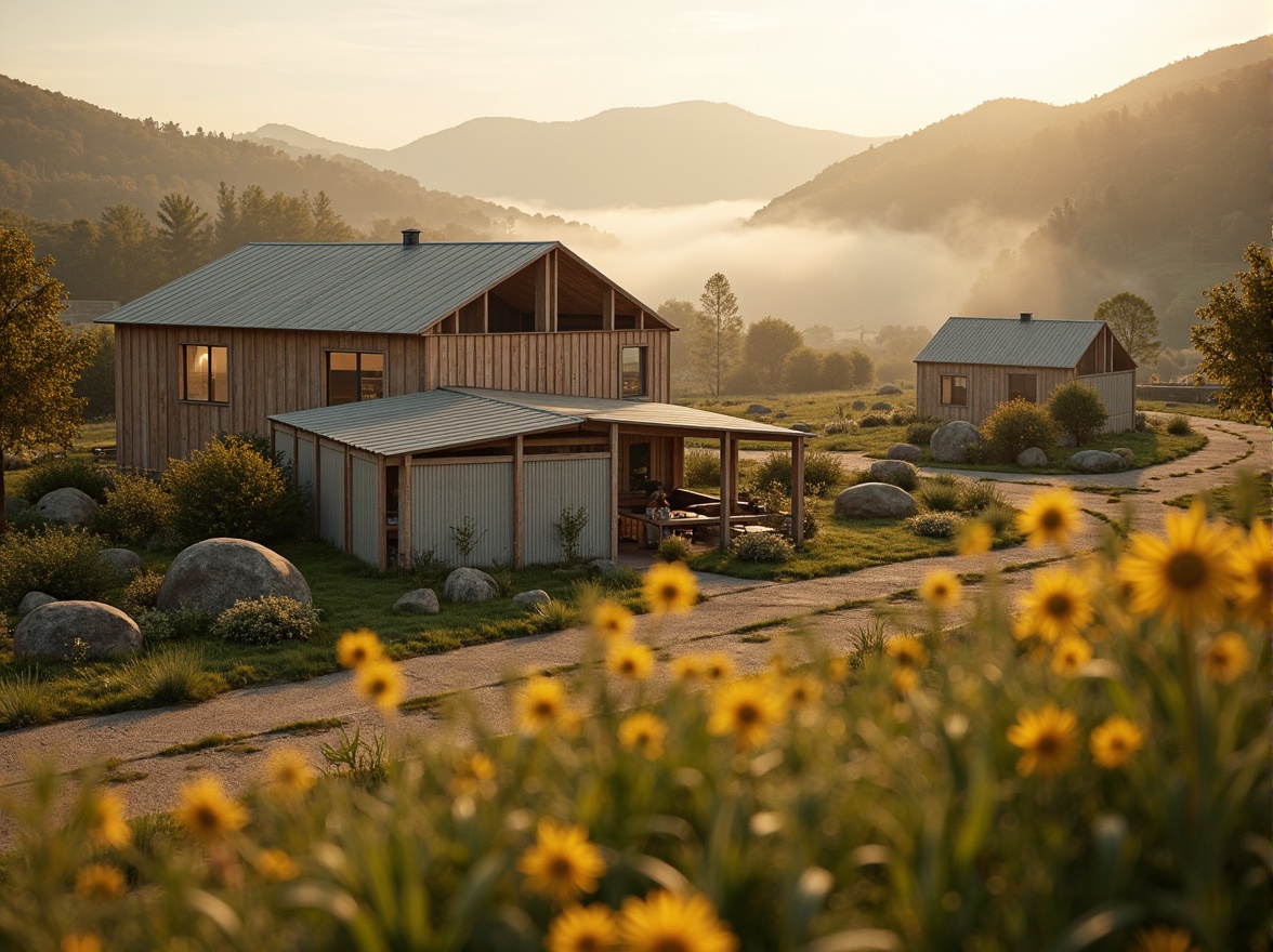 Prompt: Rustic rural landscape, earthy tones, warm beige, soft sage, muted terracotta, weathered wood textures, natural stone walls, vintage metal roofs, wildflower fields, rolling hills, serene countryside, misty morning, golden hour lighting, shallow depth of field, 1/2 composition, intimate focus, realistic atmosphere, subtle color grading.