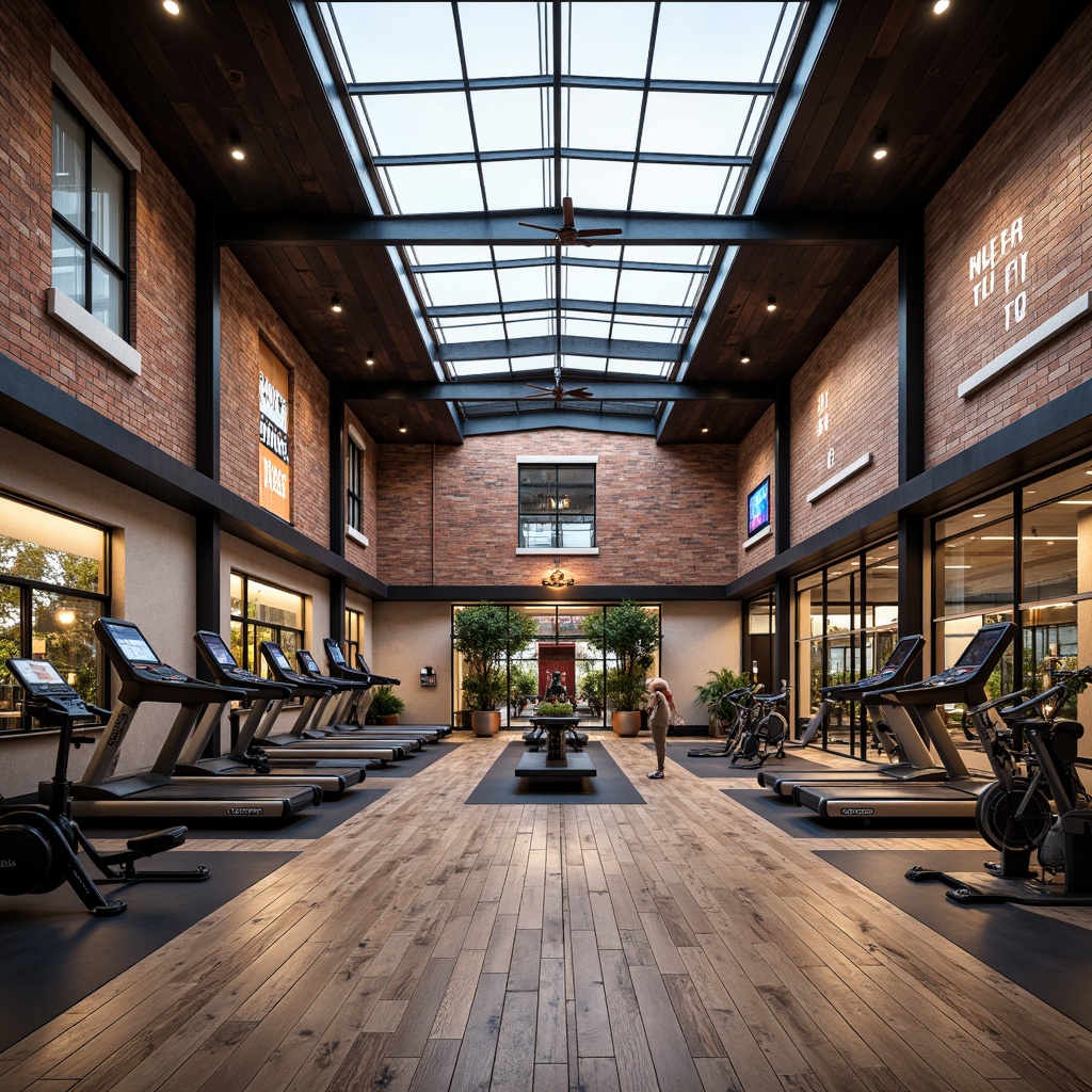 Prompt: Industrial chic fitness club, exposed brick walls, metal beams, reclaimed wood floors, modern gym equipment, free weights, treadmills, exercise bikes, natural stone accents, large windows, skylights, abundant daylight, warm soft lighting, high ceilings, open spaces, minimalist decor, urban loft atmosphere, vibrant color schemes, motivational quotes, fitness trackers, mirrored walls, rubber flooring, sound systems, energetic ambiance, dynamic camera angles, shallow depth of field, 1/2 composition, realistic textures, ambient occlusion.