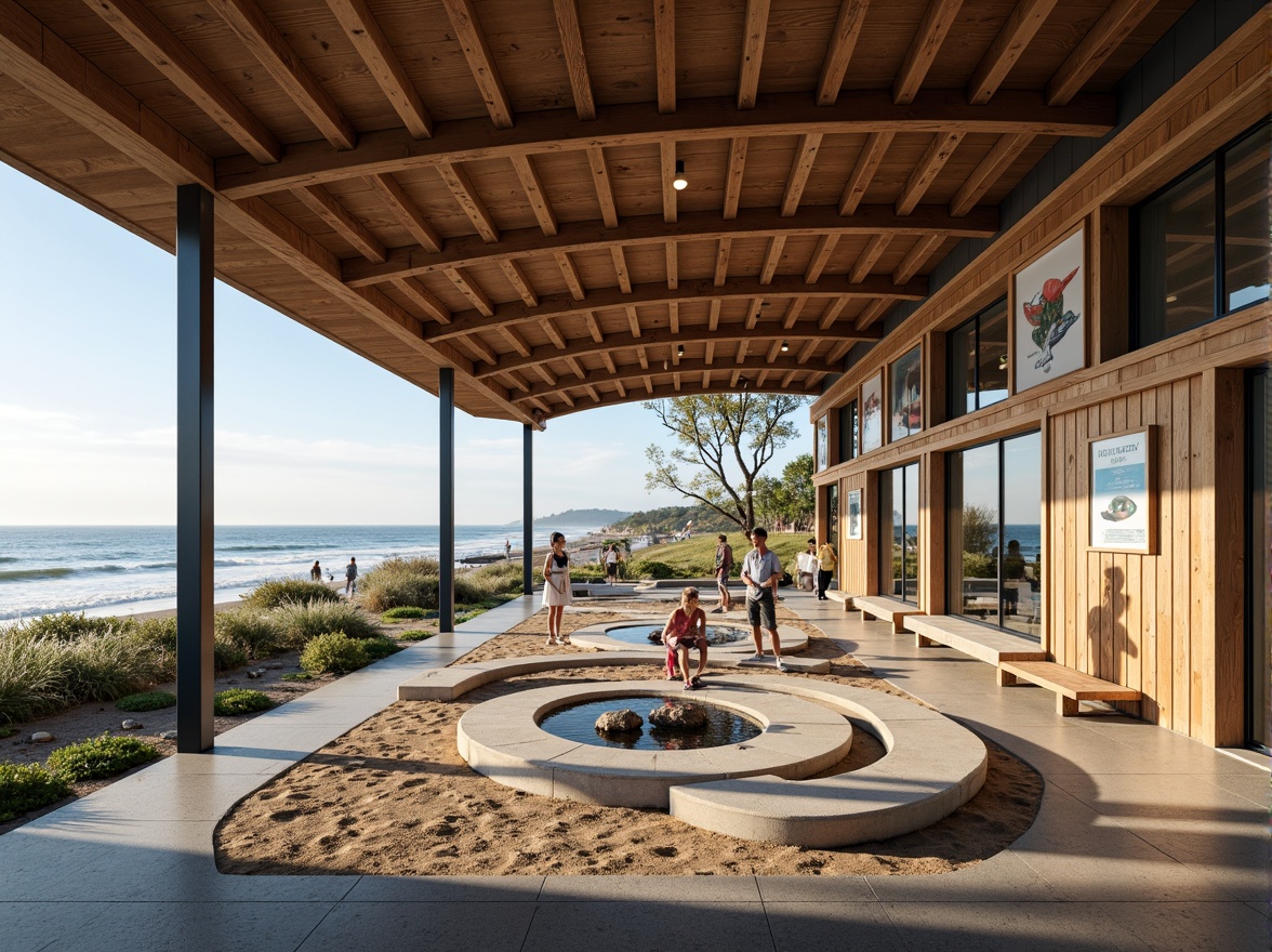 Prompt: Seaside train station, ocean views, waves crashing, salty air, nautical theme, modern architecture, curved lines, wooden accents, large windows, natural light, beach-inspired colors, sandy textures, driftwood benches, marine life displays, educational signs, tidal patterns, ocean breeze, soft warm lighting, shallow depth of field, 3/4 composition, panoramic view, realistic textures, ambient occlusion.