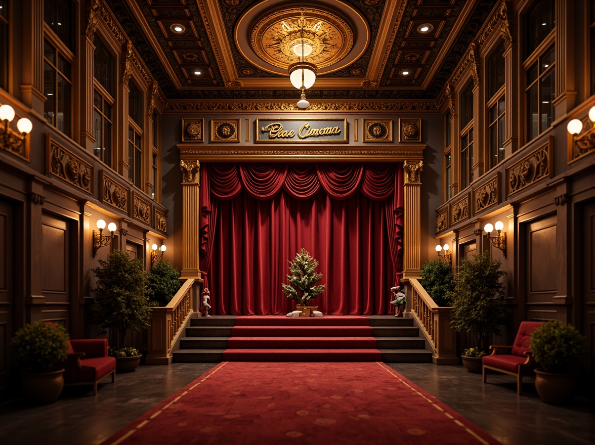 Prompt: Retro cinema facade, ornate decorations, vintage signage, red carpet entrance, grand staircases, luxurious velvet curtains, golden accents, intricate moldings, dimly lit corridors, nostalgic ambiance, warm color palette, softbox lighting, shallow depth of field, 1/1 composition, cinematic framing, realistic textures, ambient occlusion.