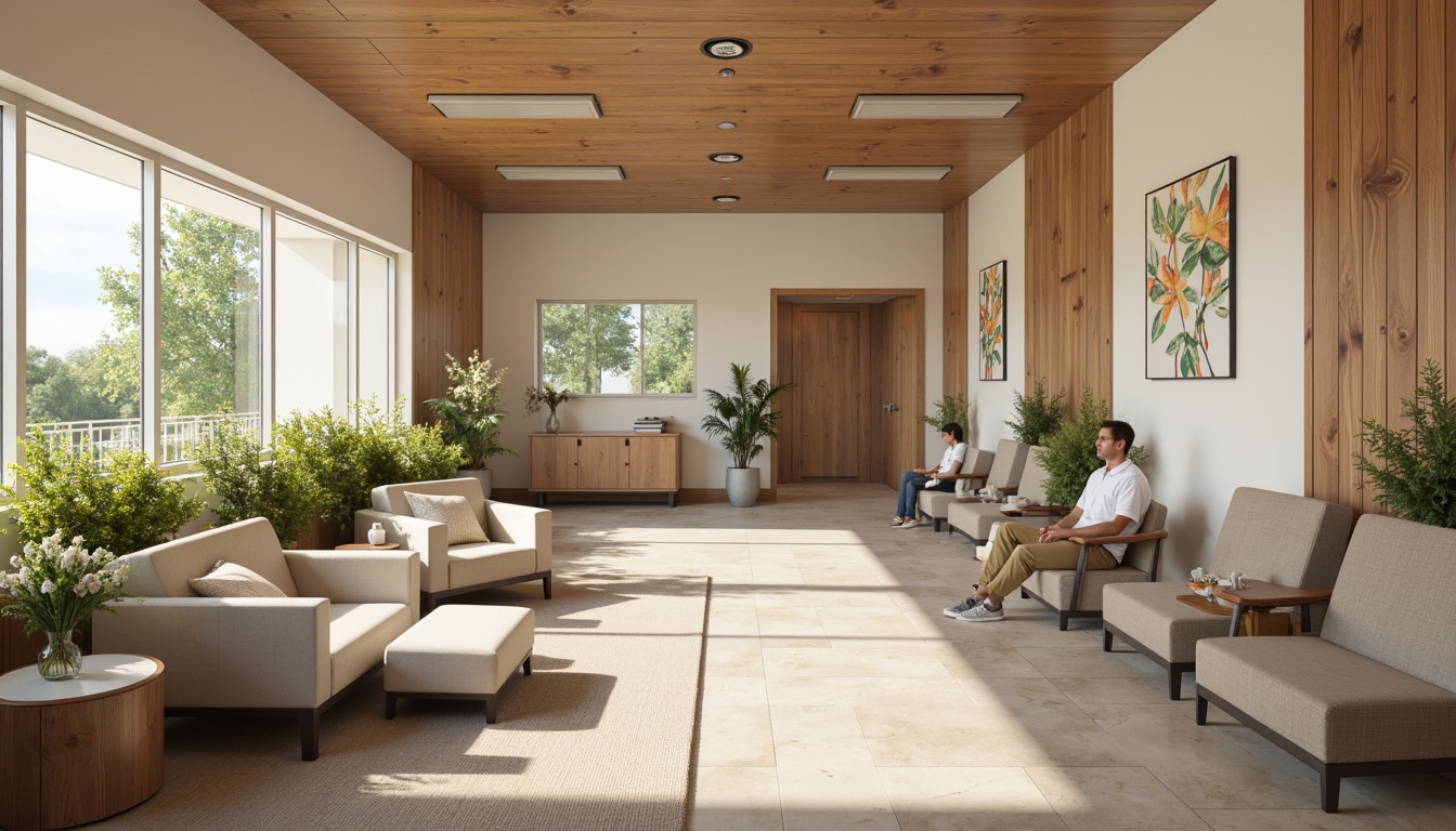 Prompt: Calming rehabilitation center interior, natural materials, reclaimed wood accents, soothing color palette, comfortable seating areas, adaptive furniture, wheelchair-accessible pathways, non-slip flooring, gentle lighting, soft textures, acoustic panels, minimalist decor, organic shapes, circular patterns, calming artwork, serene ambiance, warm tone lighting, shallow depth of field, 1/1 composition, realistic renderings, ambient occlusion.