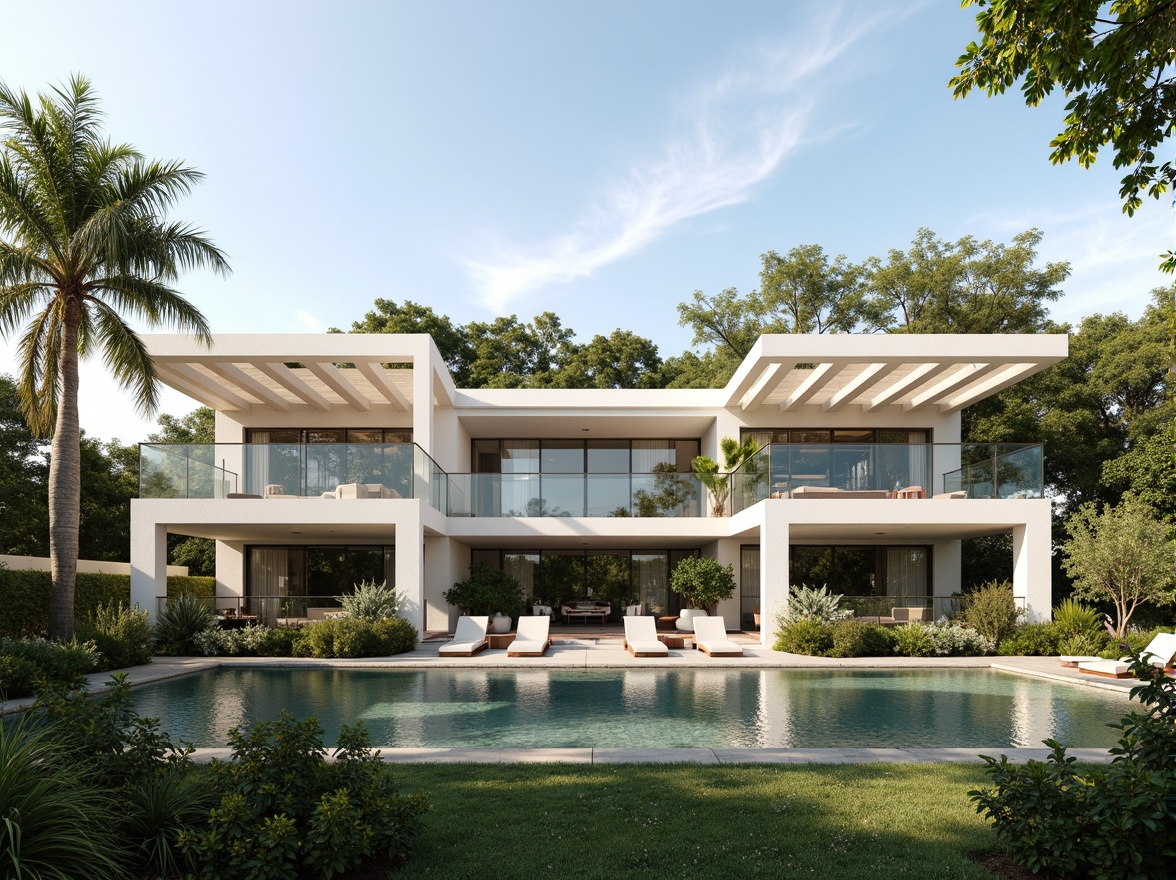 Prompt: Luxurious villa, modernist facade, clean lines, minimal ornamentation, large windows, sliding glass doors, white stucco walls, flat roofs, cantilevered balconies, steel railings, lush greenery, tropical plants, palm trees, sunny day, soft warm lighting, shallow depth of field, 3/4 composition, panoramic view, realistic textures, ambient occlusion.