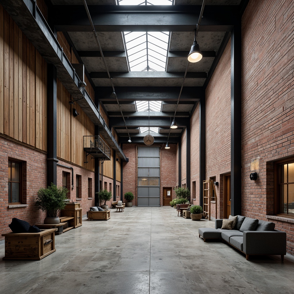 Prompt: Industrial factory setting, exposed brick walls, metal beams, concrete floors, minimalist decor, functional lighting, textured surfaces, distressed wood accents, rusty metal details, urban atmosphere, soft natural light, shallow depth of field, 1/1 composition, realistic materials, ambient occlusion.