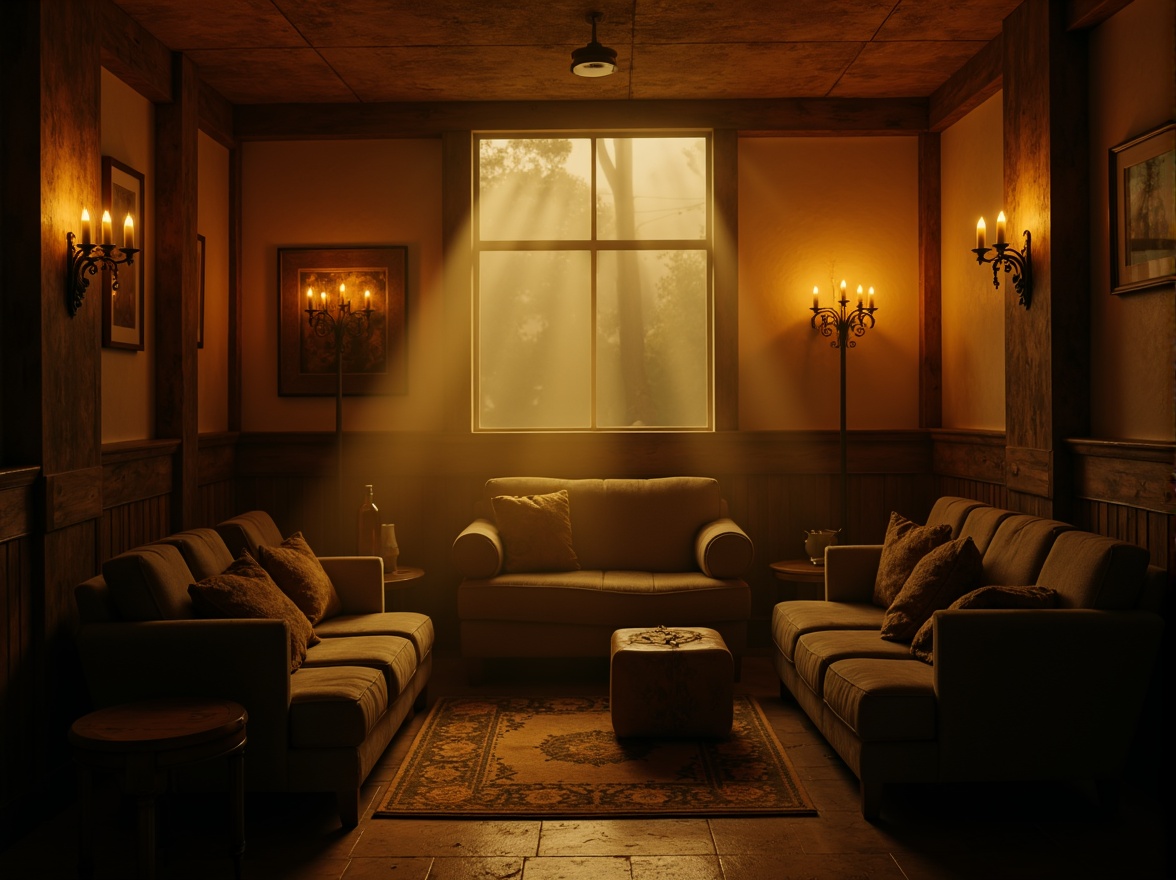 Prompt: Moody atmospheric scene, warm golden lighting, rich wood tones, earthy brown colors, soft beige textures, misty foggy background, mysterious dark shadows, vintage distressed walls, antique furniture pieces, ornate metal fixtures, dimly lit candles, cozy intimate setting, 1/2 composition, shallow depth of field, cinematic color grading.