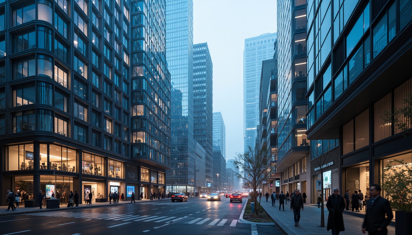 Prompt: Futuristic cityscape, sleek skyscrapers, iridescent glass facades, metallic frames, neon lights, holographic advertisements, bustling streets, flying cars, robotic pedestrians, cyberpunk atmosphere, misty evening, soft blue lighting, shallow depth of field, 1/1 composition, panoramic view, realistic reflections, ambient occlusion.