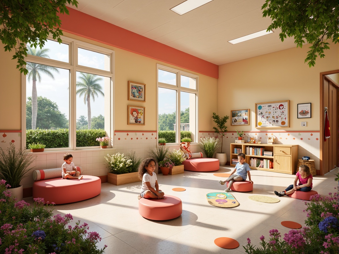 Prompt: Vibrant elementary school, playful color scheme, warm beige walls, soft pastel hues, bright coral accents, creamy white trim, natural wood tones, cheerful polka dots, whimsical illustrations, educational graphics, interactive displays, cozy reading nooks, comfortable seating areas, abundant natural light, large windows, sliding glass doors, lush greenery, blooming flowers, sunny day, gentle warm lighting, shallow depth of field, 3/4 composition, panoramic view, realistic textures, ambient occlusion.