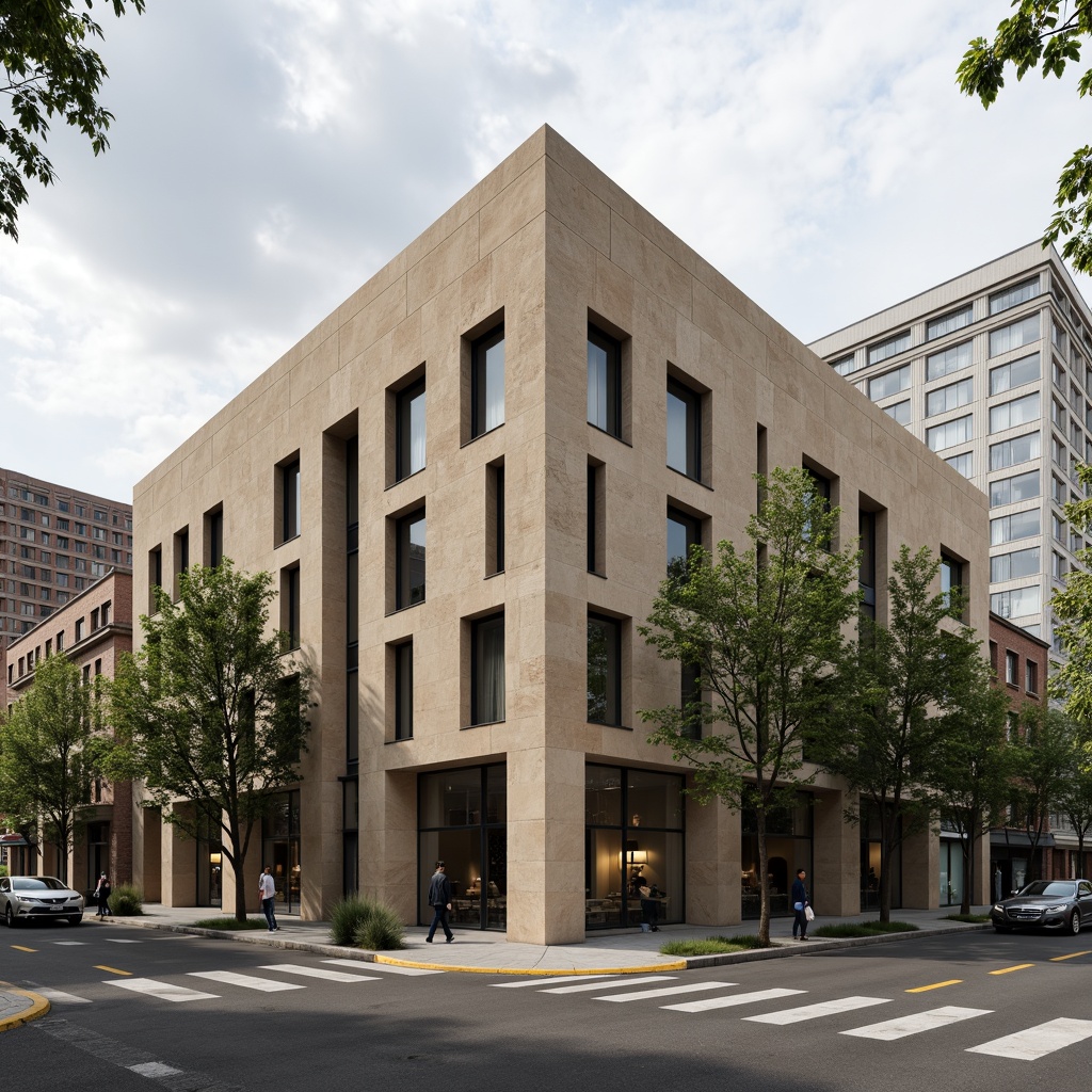 Prompt: Lavacrete building facade, rough stone texture, earthy tone, natural material, modern architecture, sleek lines, minimalist design, urban cityscape, cloudy sky, soft diffused lighting, shallow depth of field, 1/1 composition, realistic rendering, ambient occlusion.