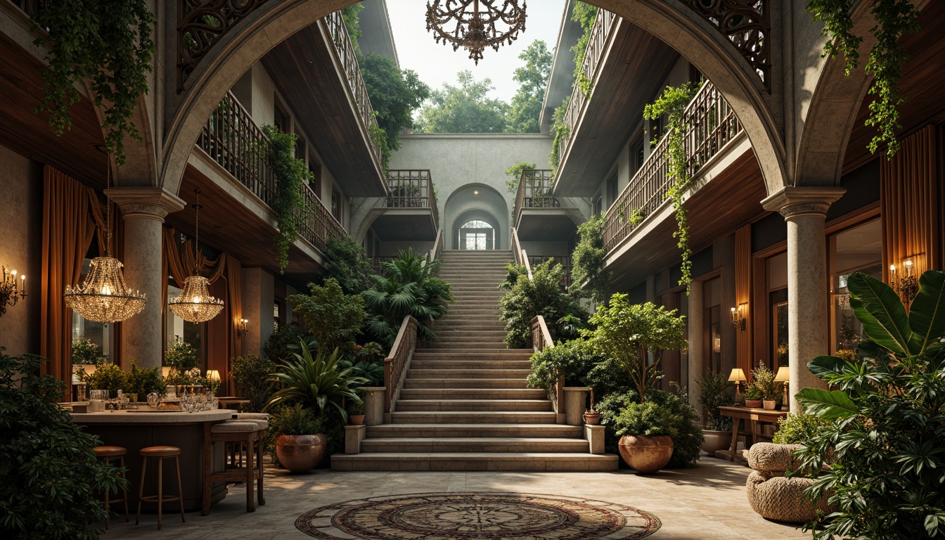 Prompt: Intricate ironwork, lush greenery, ornate chandeliers, grandiose archways, lavish furnishings, velvet drapes, gilded accents, marble countertops, crystal glassware, exotic flowers, tropical plants, misty atmosphere, soft warm lighting, shallow depth of field, 1/1 composition, realistic textures, ambient occlusion, luxurious ambiance, opulent decor, Baroque-inspired patterns, intricate carvings, ornate mirrors, grand staircase.