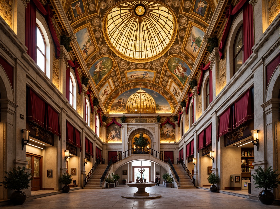 Prompt: Intricate mosaics, golden domes, ornate archways, lavish frescoes, marble columns, grand staircases, rich tapestries, velvet drapes, ornamental chandeliers, intricate stone carvings, Byzantine-inspired patterns, vibrant jewel-toned colors, warm soft lighting, shallow depth of field, 1/2 composition, realistic textures, ambient occlusion, museum interior, cultural artifacts, ancient relics, historical exhibits.