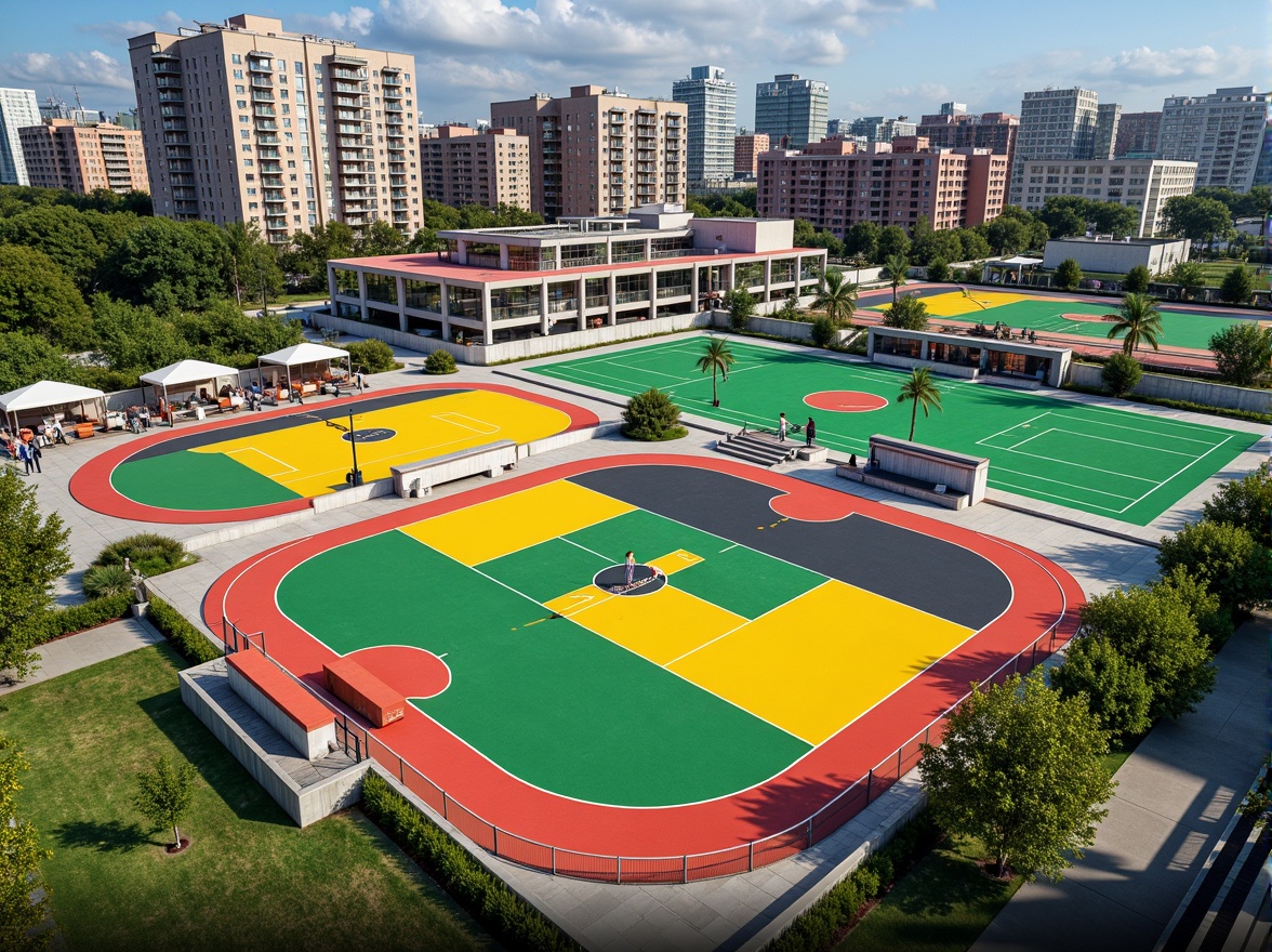 Prompt: Vibrant sports fields, eclectic mix of materials, bold color blocking, dynamic shapes, abstract patterns, modernist architecture, functional zones, athletic tracks, soccer fields, basketball courts, tennis courts, goalposts, nets, scoreboards, spectator seating, shaded areas, natural grass, artificial turf, urban landscape, cityscape views, sunny day, dramatic lighting, high contrast, 1/2 composition, shallow depth of field, realistic textures, ambient occlusion.