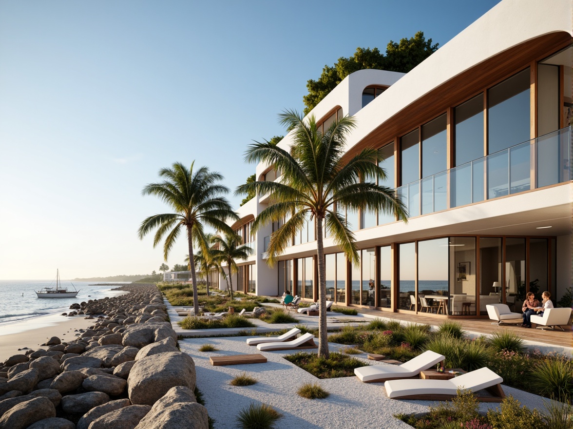 Prompt: Coastal office building, modern curved lines, large glass windows, ocean views, sandy beach, rocky shoreline, driftwood accents, nautical-themed decor, open floor plan, collaborative workspaces, ergonomic furniture, natural ventilation systems, energy-efficient lighting, solar panels, green roofs, outdoor terraces, sea breeze, soft warm lighting, shallow depth of field, 3/4 composition, panoramic view, realistic textures, ambient occlusion.