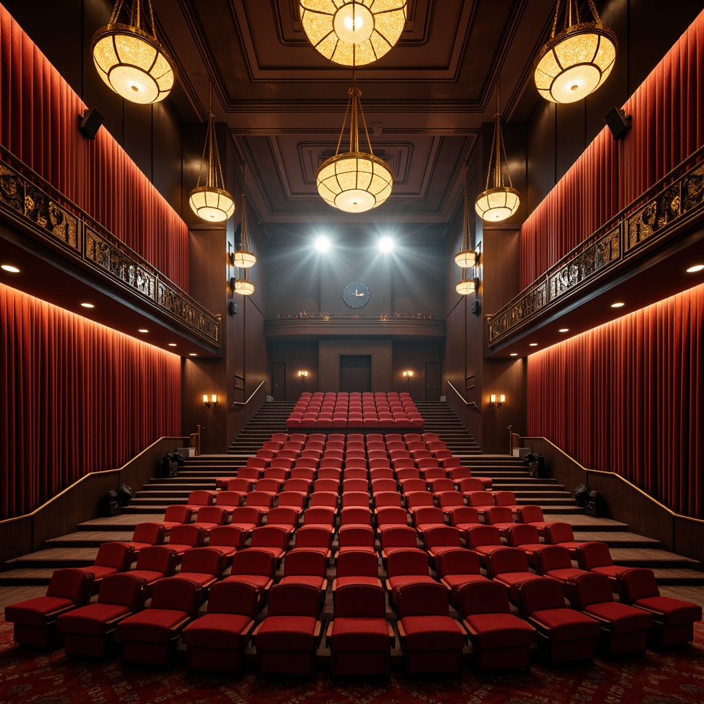 Prompt: Luxurious auditorium interior, rich velvet curtains, warm golden lighting, dark wood accents, plush red seats, ornate metal details, grand chandeliers, sophisticated sound systems, acoustic panels, dramatic spotlights, soft carpeting, elegant staircases, refined architectural lines, subtle texture contrasts, atmospheric ambiance, 1/2 composition, cinematic lighting, realistic reflections.