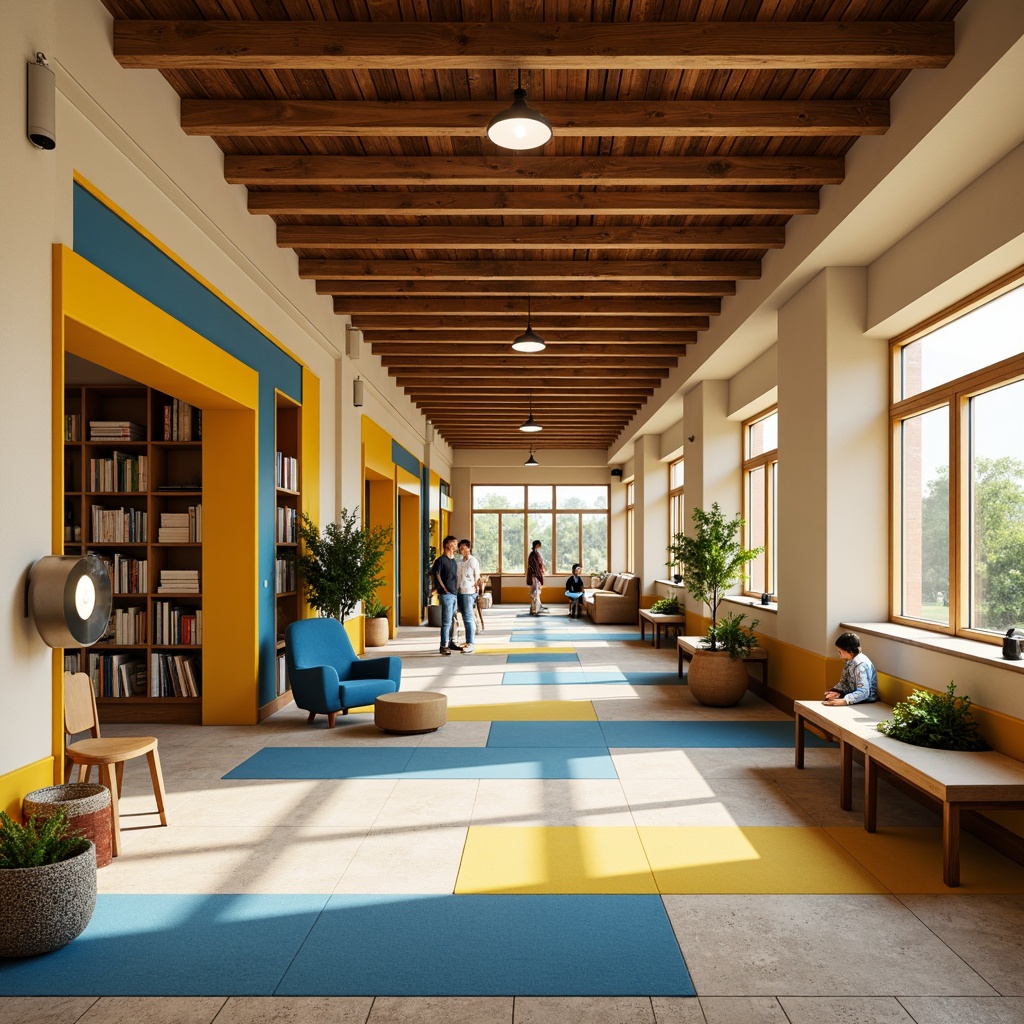 Prompt: Vibrant student hall, bold color scheme, energetic atmosphere, youthful vibe, bright corridors, warm beige walls, rich wood accents, deep blue furniture, lively green decorations, playful yellow highlights, modern minimalist lighting, sleek metal fixtures, cozy reading nooks, comfortable seating areas, natural stone floors, rustic wooden ceilings, abundant natural light, soft warm glow, shallow depth of field, 3/4 composition, panoramic view, realistic textures, ambient occlusion.