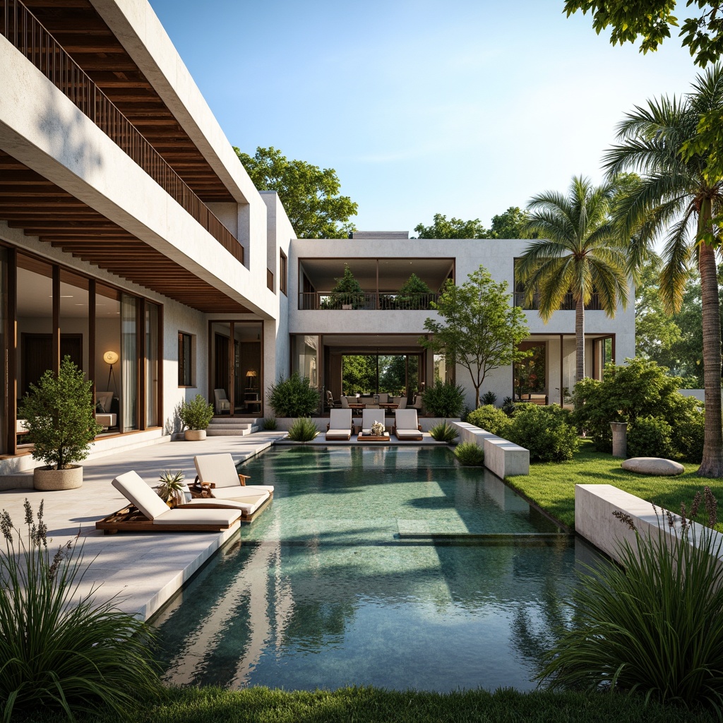 Prompt: Luxurious villa, modernist architecture, sleek lines, minimalist design, large windows, sliding glass doors, polished concrete floors, exposed steel beams, wooden accents, natural stone walls, green roofs, solar panels, eco-friendly materials, innovative cooling systems, shaded outdoor spaces, misting systems, infinity pools, lush greenery, vibrant flowers, tropical plants, warm sunny day, soft warm lighting, shallow depth of field, 3/4 composition, panoramic view, realistic textures, ambient occlusion.