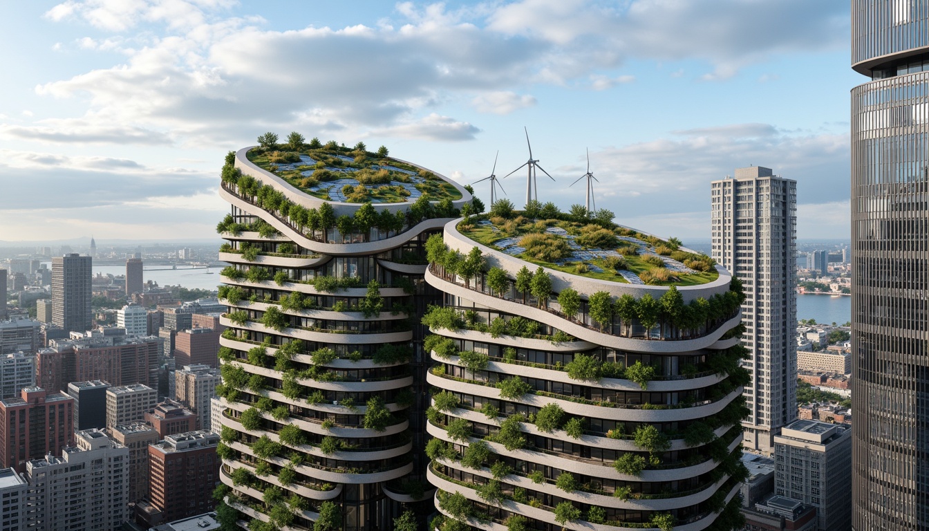 Prompt: Curved green roofs, lush vertical gardens, solar panels, wind turbines, rainwater harvesting systems, recycled metal cladding, low-carbon concrete structures, energy-efficient glazing, double-skin facades, natural ventilation systems, biomimetic patterns, parametric design, futuristic aesthetic, urban skyscraper, bustling cityscape, cloudy blue sky, warm soft lighting, shallow depth of field, 1/1 composition, realistic textures, ambient occlusion.