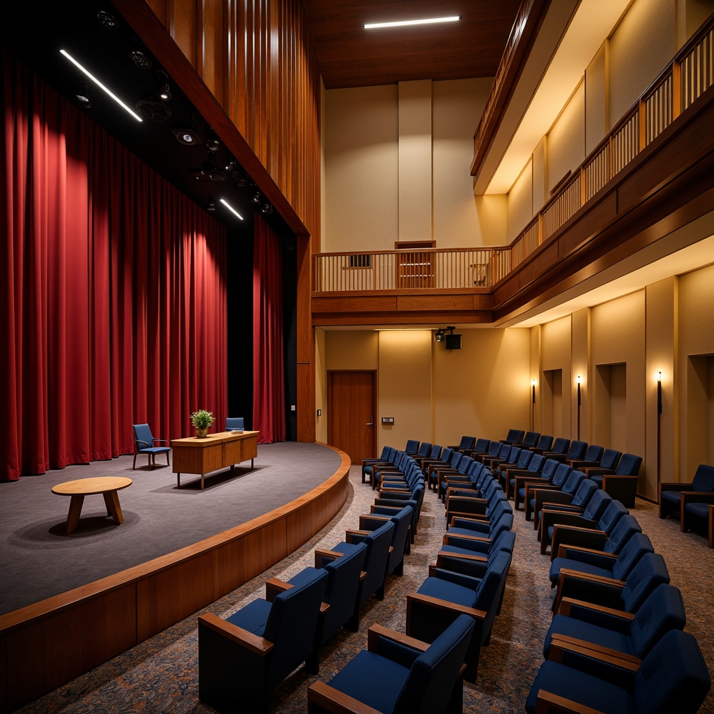 Prompt: Elegant auditorium interior, rich wood tones, warm beige walls, deep blue seats, golden accents, subtle lighting, dramatic stage presence, crimson red curtains, polished metal railings, sophisticated sound systems, acoustic panels, plush carpets, comfortable seating arrangements, intimate atmosphere, soft warm glow, shallow depth of field, 2/3 composition, realistic textures, ambient occlusion.