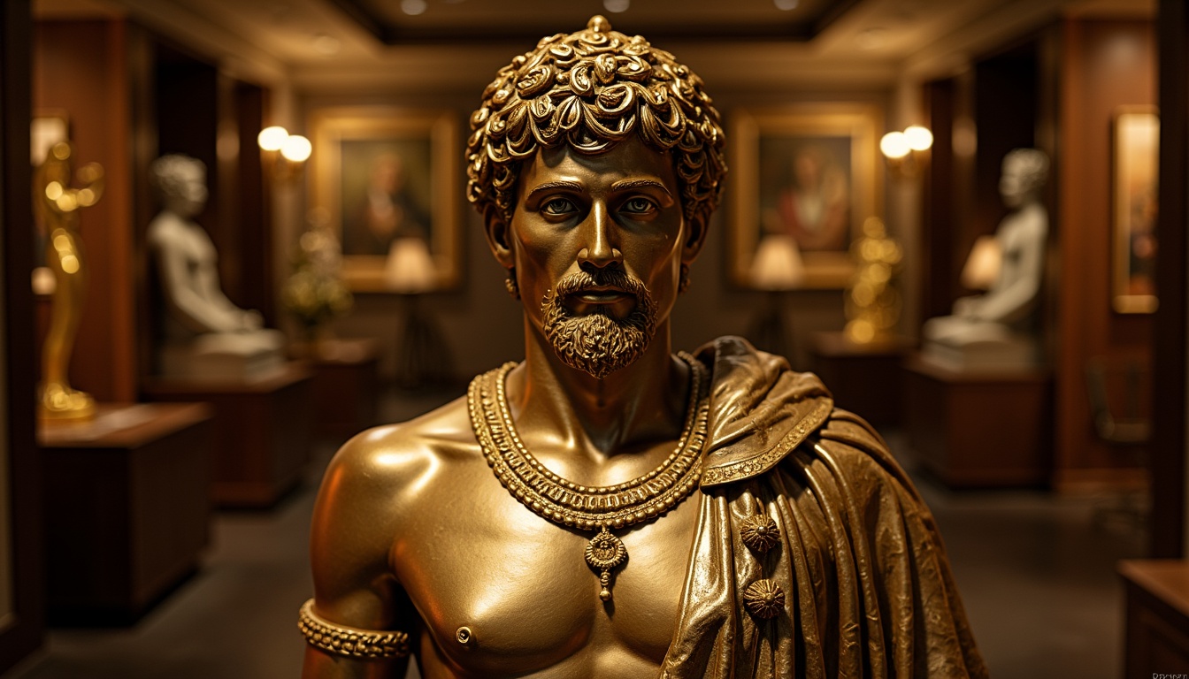 Prompt: Luxurious bronze statue, intricate metalwork details, warm golden color, high-gloss finish, ornate decorations, ancient Greek-inspired designs, museum-quality display, softbox lighting, shallow depth of field, 1/1 composition, realistic reflections, ambient occlusion.