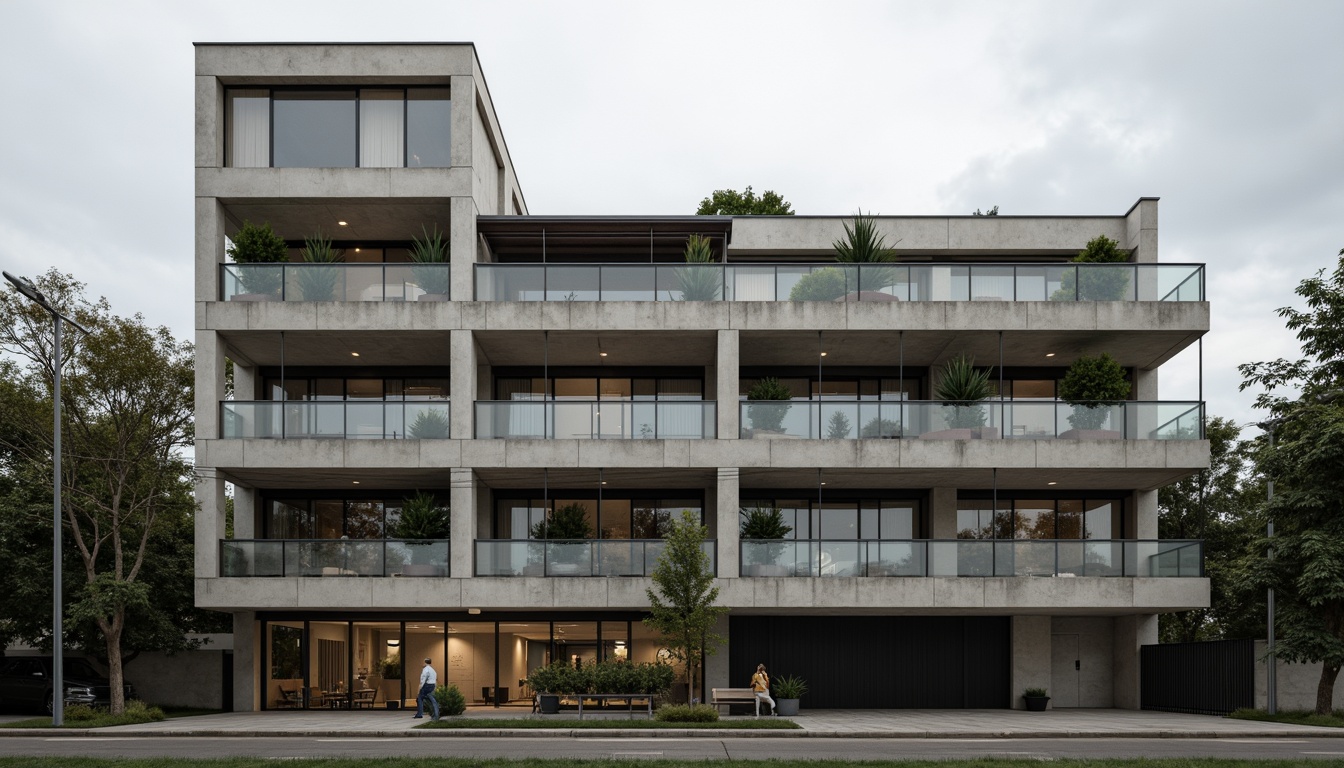 Prompt: Brutalist student hall, rugged concrete facade, bold geometric forms, cantilevered balconies, raw unfinished textures, industrial-style windows, minimalist ornamentation, functional simplicity, urban campus setting, overcast sky, dramatic shadows, high-contrast lighting, 1/1 composition, symmetrical framing, realistic materials, ambient occlusion.