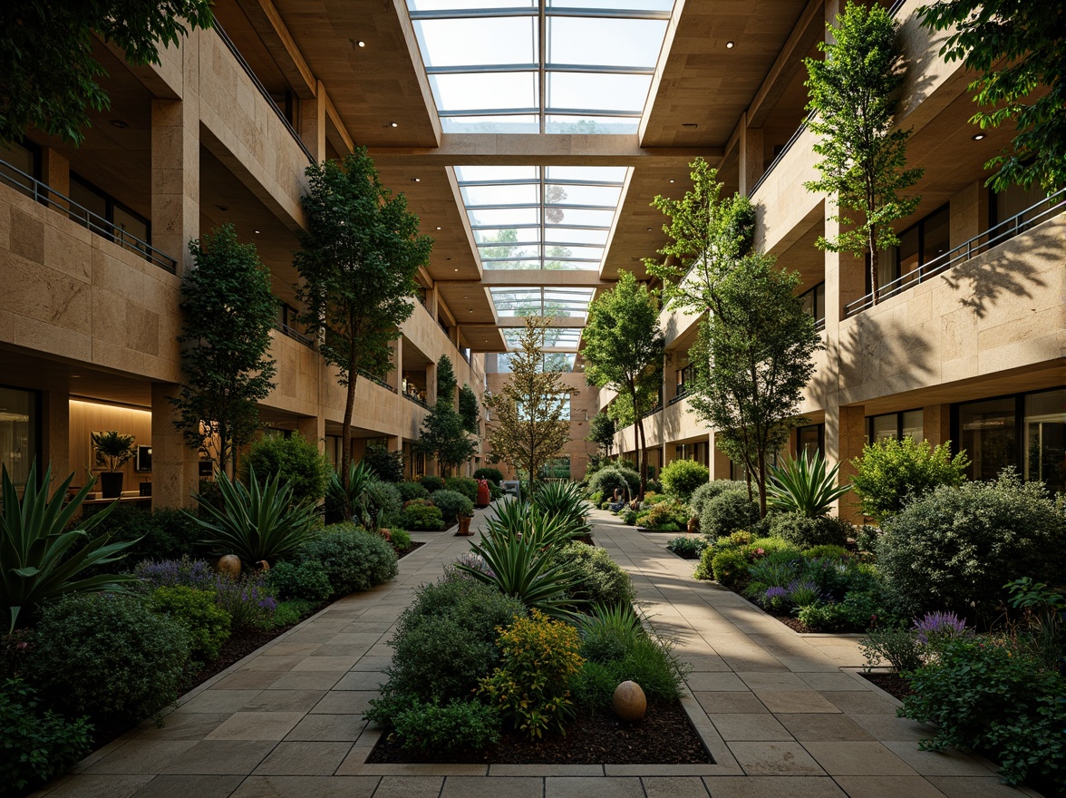 Prompt: Vibrant atrium, lush greenery, natural stone walls, wooden accents, clerestory windows, skylights, solar tubes, reflective surfaces, ambient lighting, soft warm glow, indirect illumination, layered shading, 3/4 composition, panoramic view, realistic textures, subtle color palette, earthy tones, organic forms, minimalist decor, cozy atmosphere, serene ambiance.