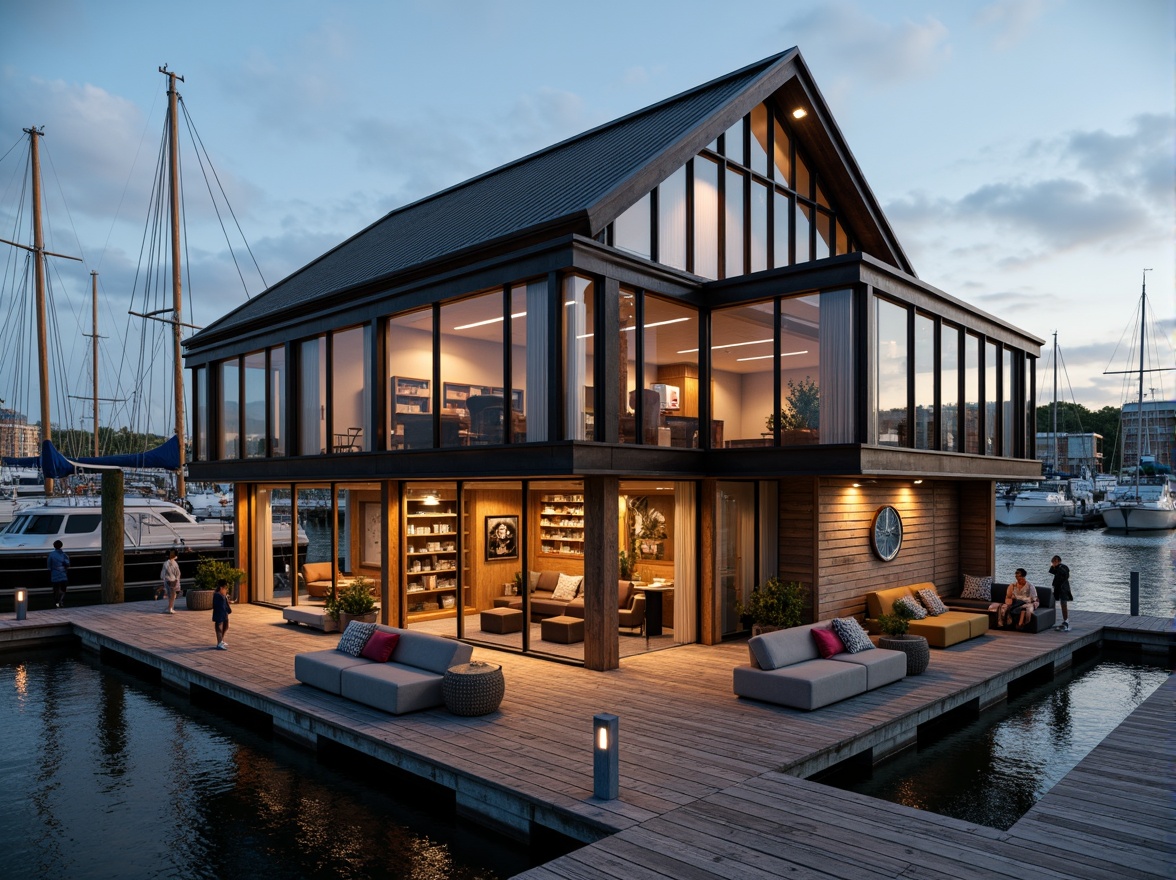 Prompt: Waterfront boathouse, rustic wooden dock, nautical ropes, sailboat masts, weathered wood accents, corrugated metal roofing, glass-enclosed observation deck, cantilevered upper floor, angular steel beams, industrial-style lighting fixtures, reclaimed wood interior, cozy reading nooks, plush furnishings, warm ambient lighting, shallow depth of field, 1/1 composition, realistic textures, soft focus effect.