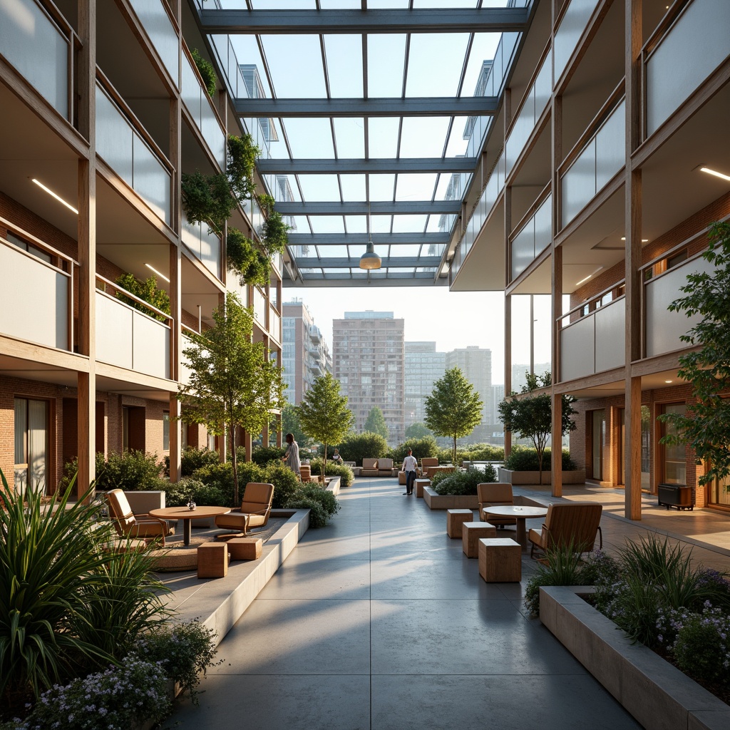 Prompt: Eco-friendly dormitory, polycarbonate walls, translucent roofing, natural ventilation, energy-efficient lighting, minimalist decor, recycled furniture, greenery-filled balconies, urban cityscape views, modern architecture, sleek lines, industrial chic aesthetic, soft warm glow, shallow depth of field, 1/1 composition, realistic textures, ambient occlusion.