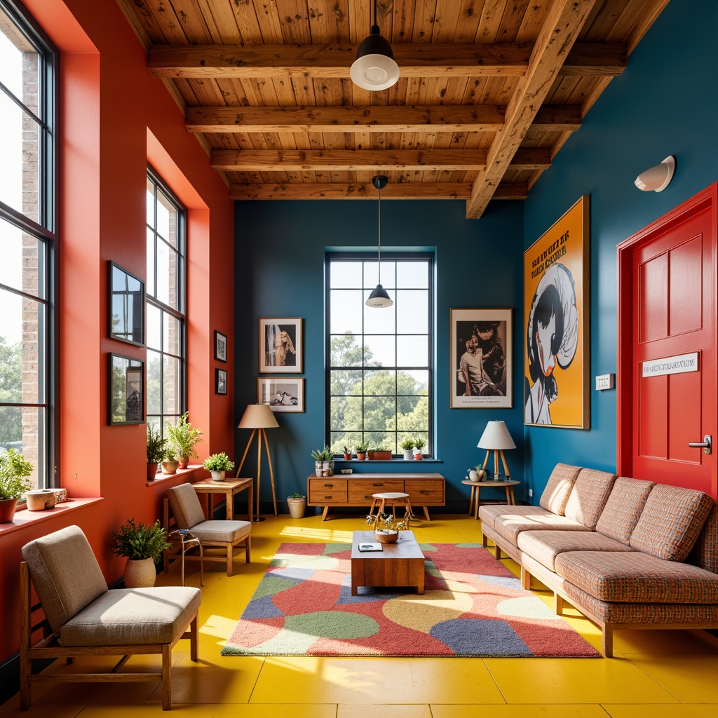 Prompt: Vibrant student hall, bold color blocking, expressive brushstrokes, abstract shapes, dynamic patterns, eclectic furniture, rich textures, warm golden lighting, cozy atmosphere, modern art pieces, inspirational quotes, youthful energy, playful accents, bright coral walls, deep blue ceilings, sunny yellow floors, bold red doors, natural wood tones, industrial metal beams, creative freedom, artistic expression.