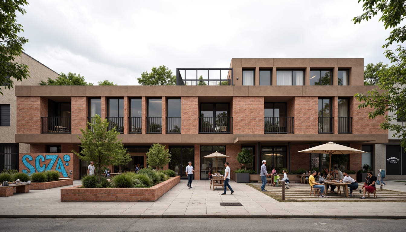 Prompt: Rustic community center, Bauhaus-inspired facade, rectangular forms, clean lines, industrial materials, exposed brick walls, steel beams, large windows, minimalist ornamentation, functional simplicity, earthy color palette, natural textures, communal outdoor spaces, vibrant street art, urban landscape, cloudy day, soft diffused lighting, shallow depth of field, 2/3 composition, realistic rendering.