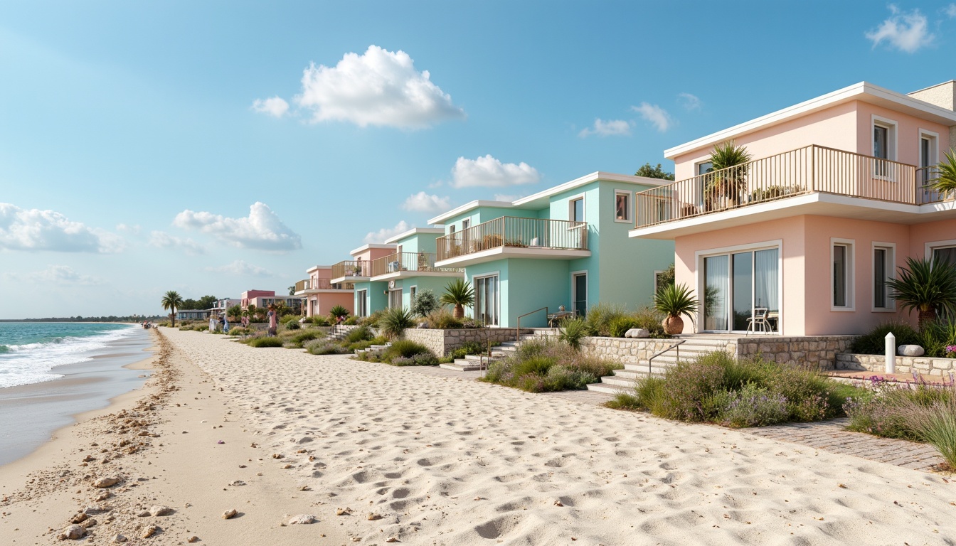 Prompt: Sandy beachside, oceanfront villas, pastel-colored facades, driftwood accents, sea-salt weathered roofs, nautical-themed decorations, calming turquoise hues, soft peach tones, creamy whites, warm beige textures, natural stone foundations, rustic wooden decks, sailboat-inspired railings, seaside promenades, gentle ocean breezes, warm sunny days, shallow depth of field, 1/1 composition, realistic renderings, ambient occlusion.